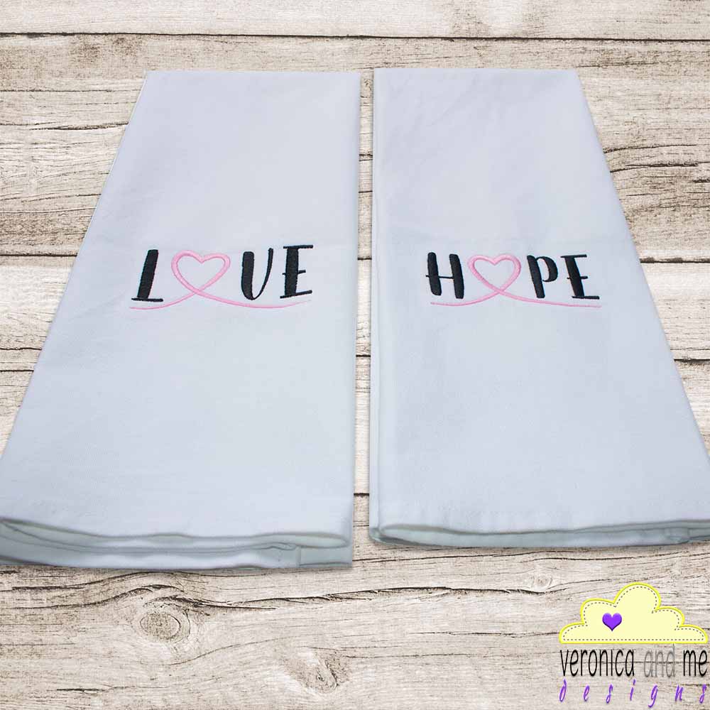 pink ribbon, embroidery, tea towels, love, hope, cancer awareness